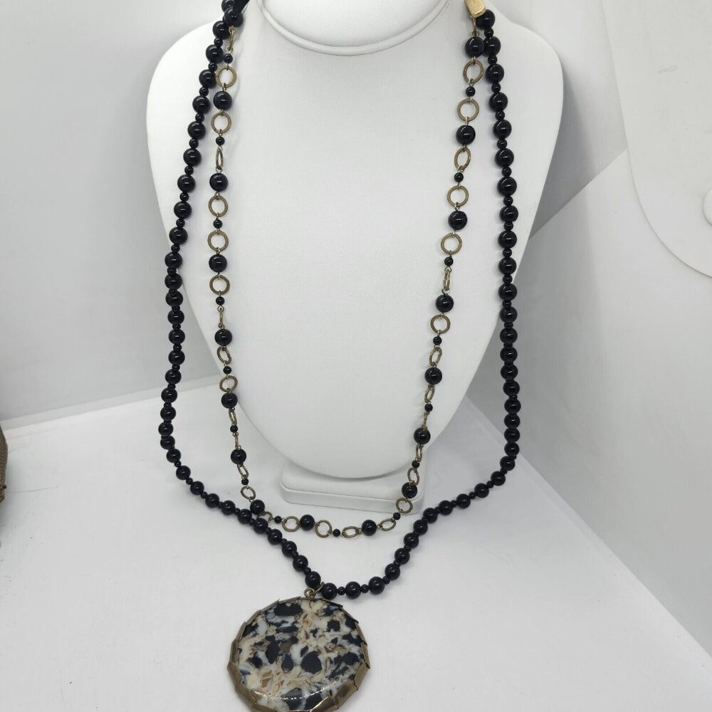 Jenny‎ Rabell Black Bead Double Strand Stone Pendant Necklace